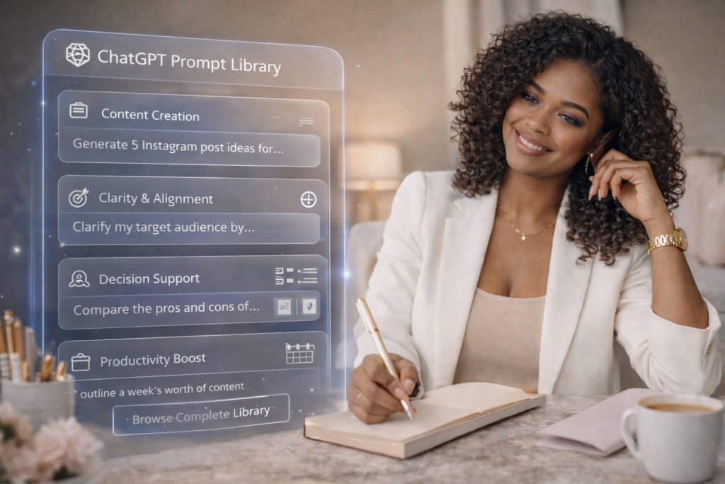 African American entrepreneur using a ChatGPT prompt library for content creation, brand clarity, decision support, and productivity in a calm home office setting.