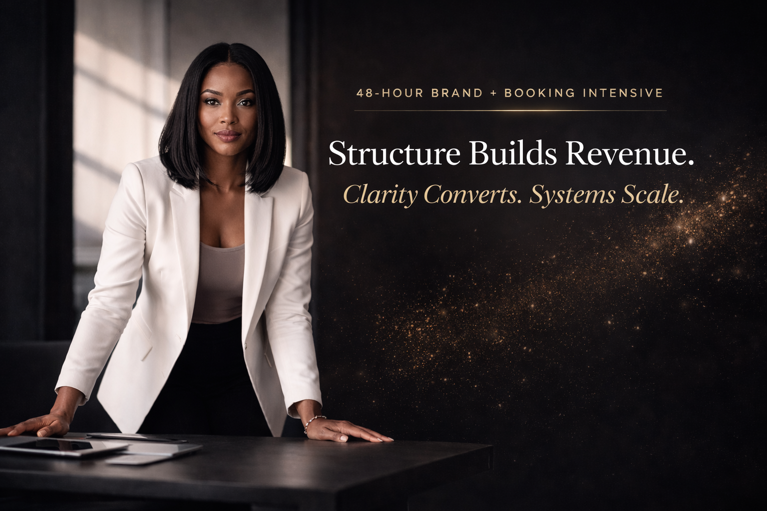Aja Alia 48-Hour Brand + Booking Intensive Luxury website hero banner featuring Aja Alia, brand strategist and booking systems architect, promoting her 48-Hour Brand + Booking Intensive for women entrepreneurs ready to convert visibility into revenue through structured personal branding.