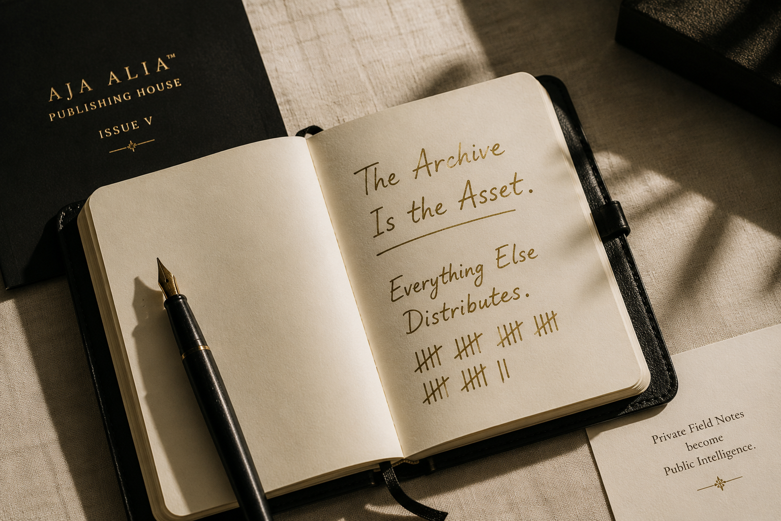 An open black leatherbound journal rests on a warm linen surface beside a fountain pen, with the AJA ALIA Publishing House Issue V cover visible behind it. The right-hand page bears the phrases The Archive Is the Asset and Everything Else Distributes in oxidized gold ink, with accumulated tally marks beneath. A founder archive image from the AJA ALIA Publishing House Issue V.