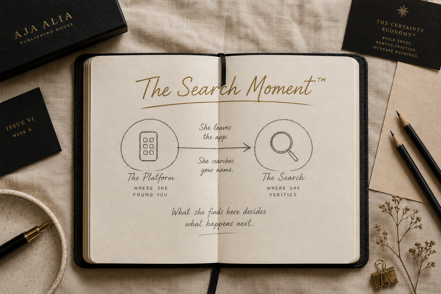 An open black leatherbound notebook on warm ivory linen, photographed from above, showing a simple hand-drawn diagram in graphite contrasting a platform icon with a search icon connected by an arrow, with the handwritten title The Search Moment in oxidized gold ink. Founder archive image from the AJA ALIA Publishing House Issue VI.