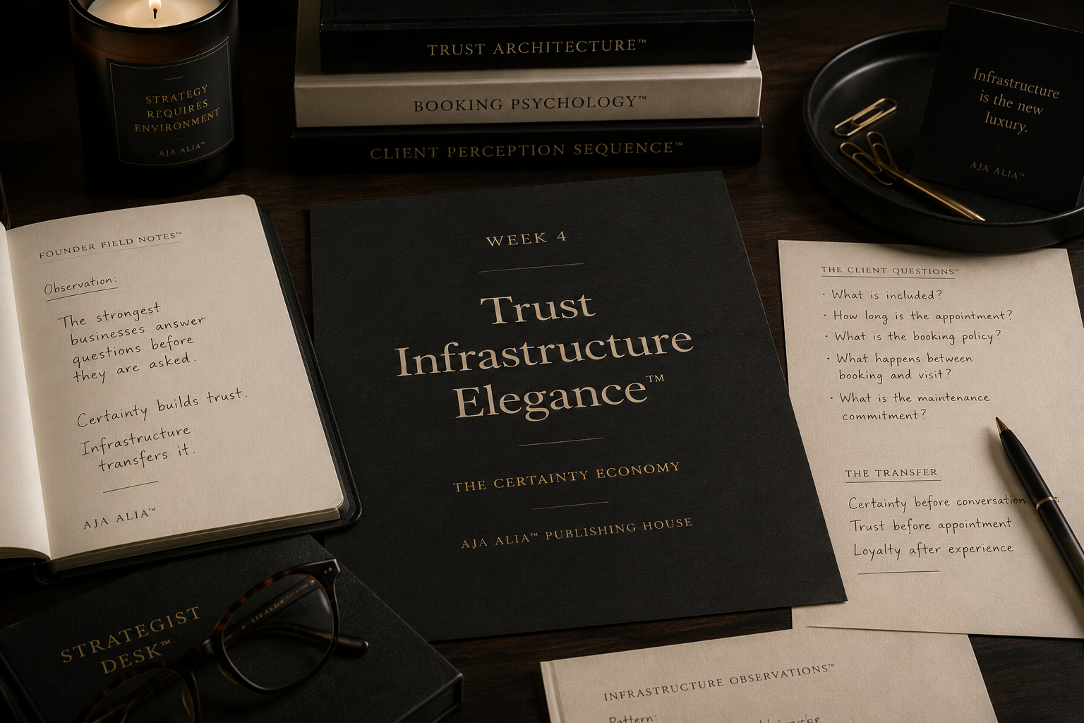 An open black leatherbound notebook on warm ivory linen with the handwritten title The Certainty Economy in oxidized gold ink and three observations beneath in graphite pencil. Founder archive image from the AJA ALIA Publishing House.