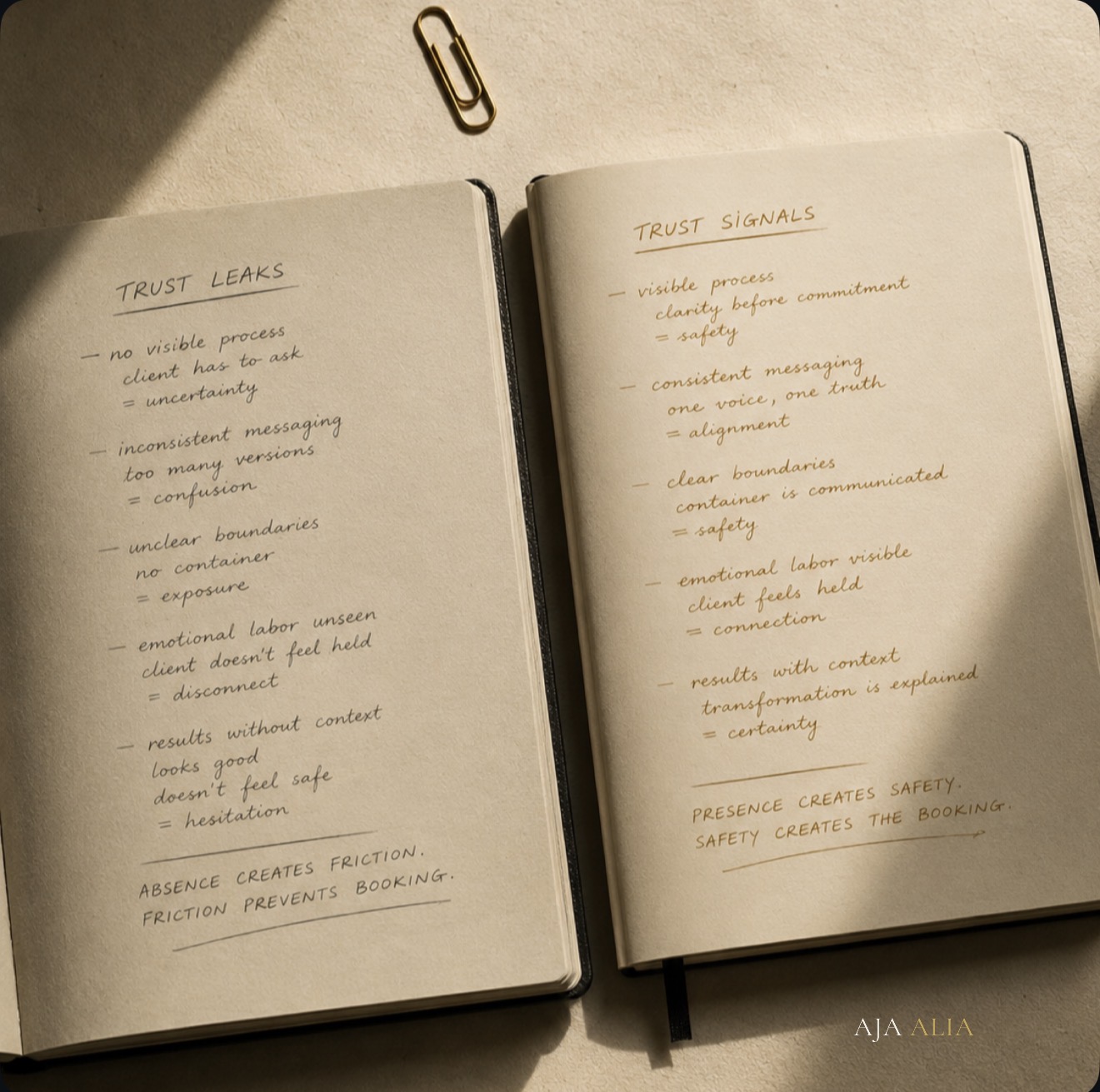 Trust Leaks and Trust Signals notebooks showing the two halves of trust architecture by AJA ALIA.