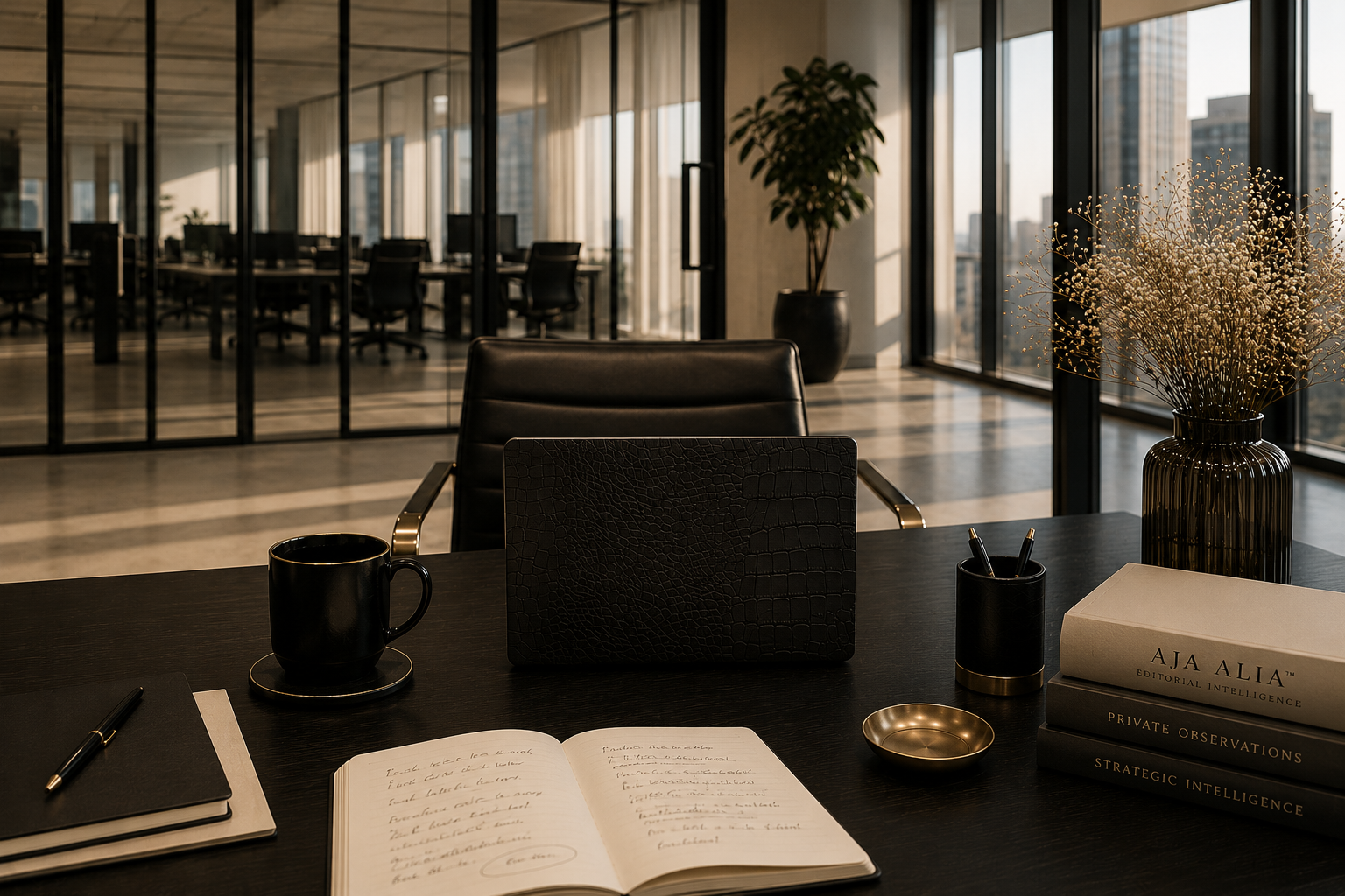 The AJA ALIA™ Institute workspace — matte black desk, warm architectural light.