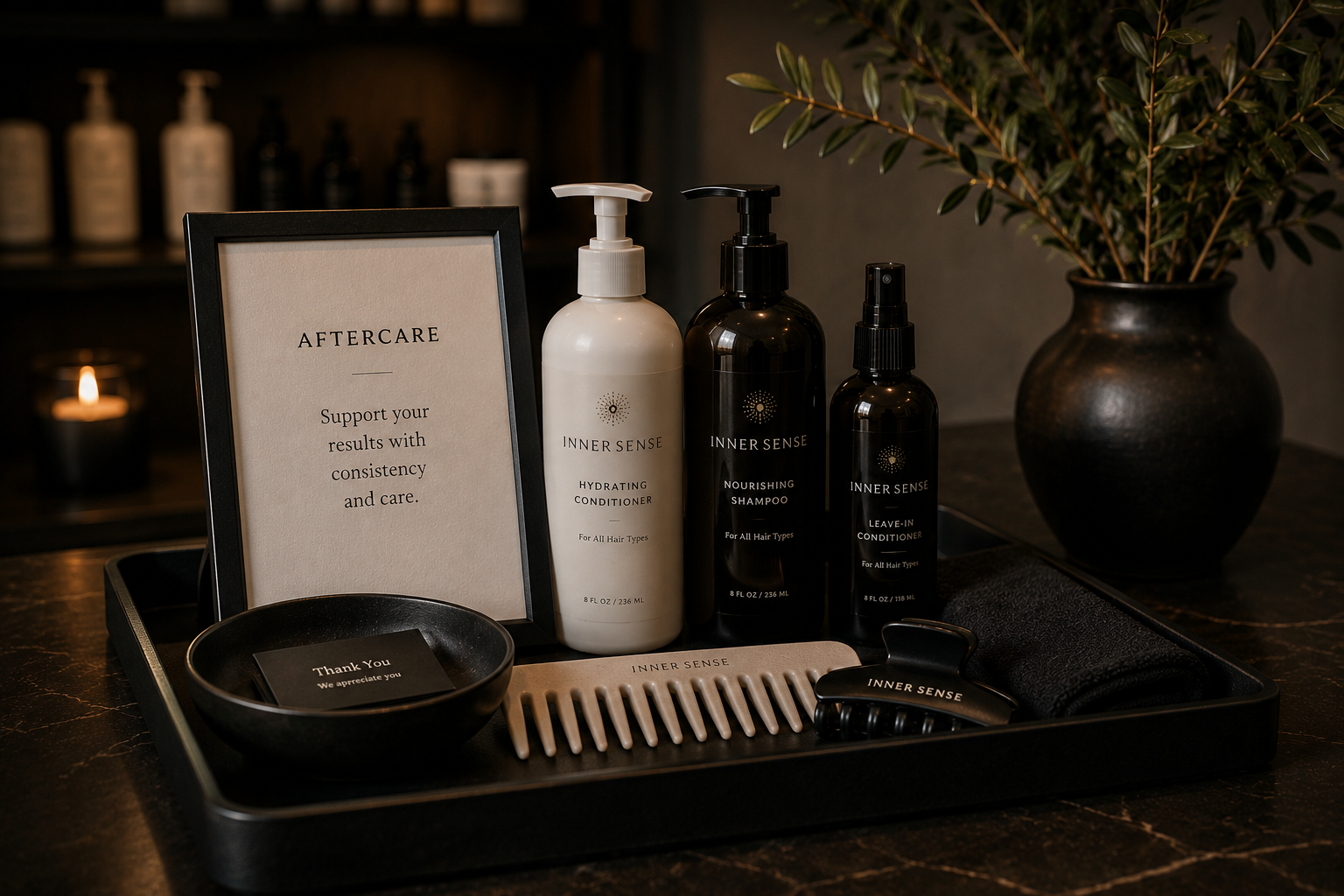 A carefully arranged aftercare station with hair products, combs, a thank-you card, towels, and written care guidance.
