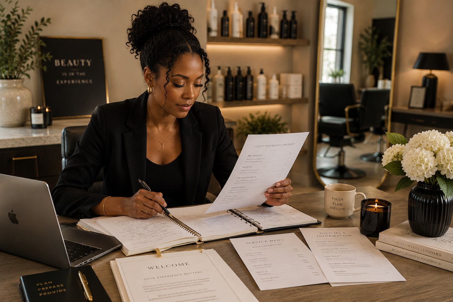 Refined beauty business reception showing service information, booking guidance, and client policies within a carefully considered environment.