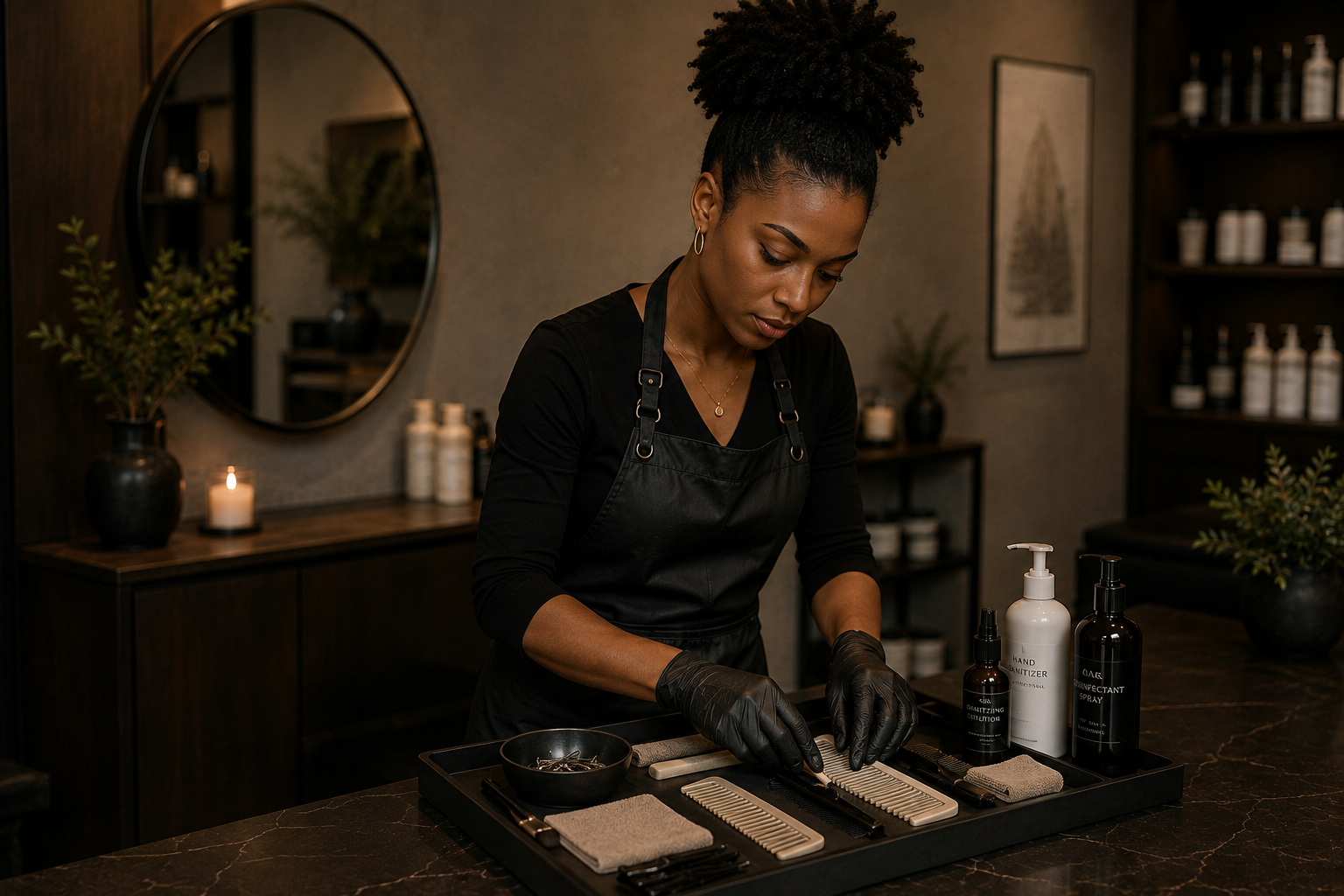 A beauty professional carefully preparing sanitized tools and supplies before a client service.