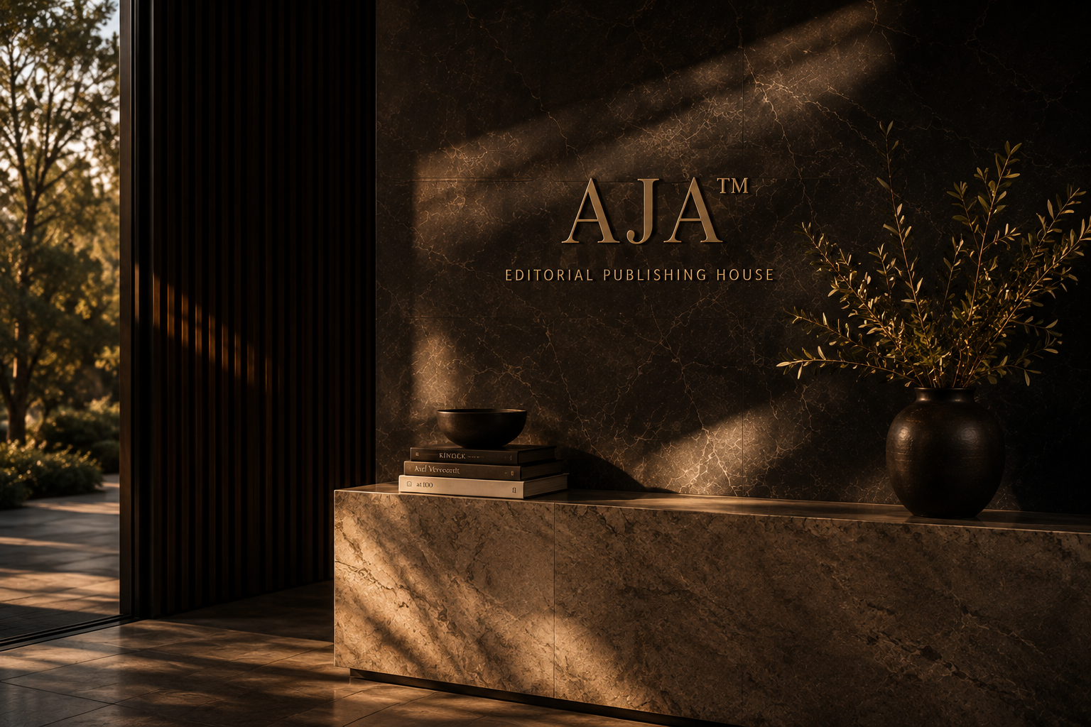 Cinematic golden-hour landscape viewed from a refined stone terrace.