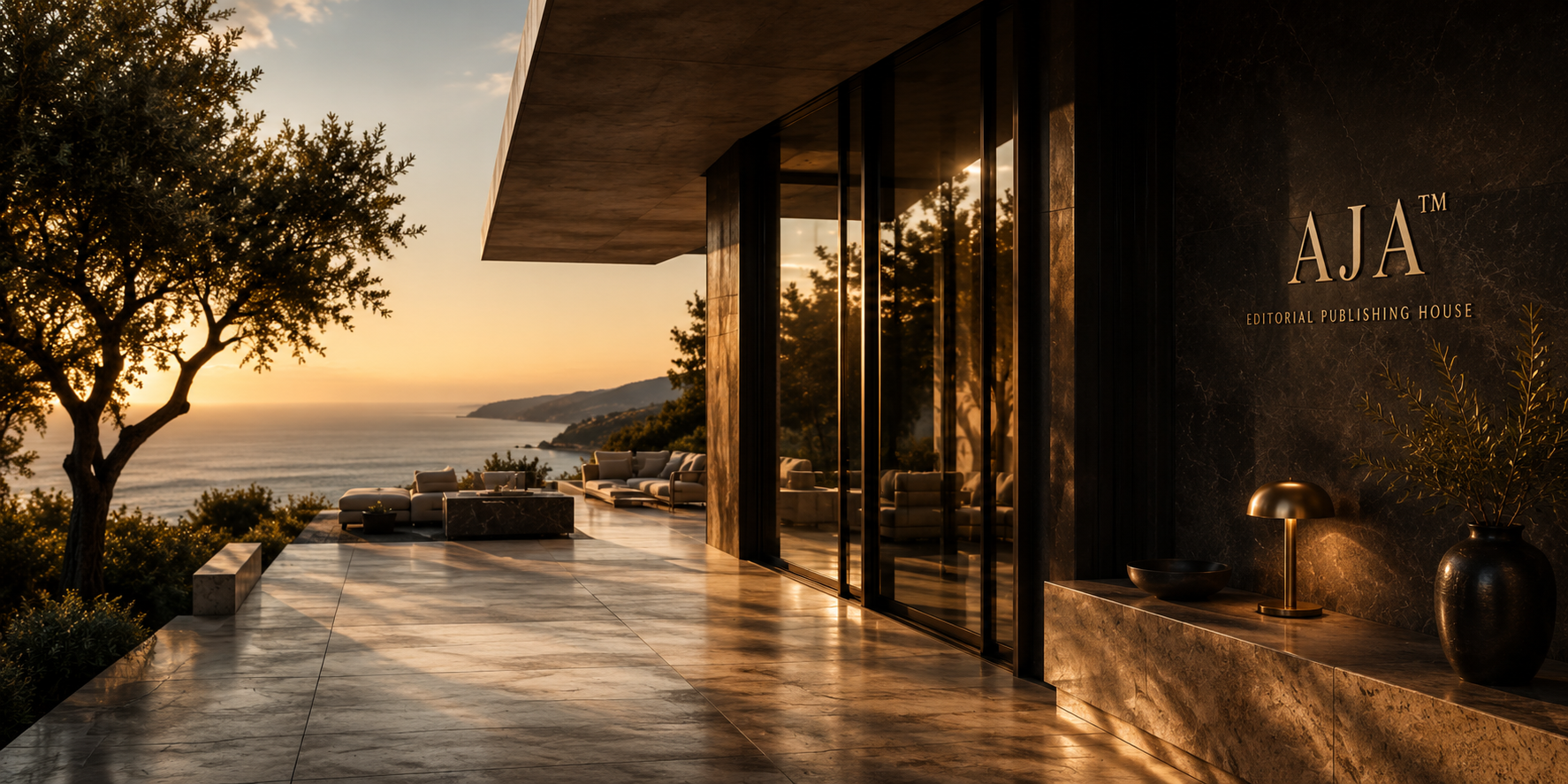 Minimal architectural courtyard with an olive tree, broad stone steps, and distant hills.
