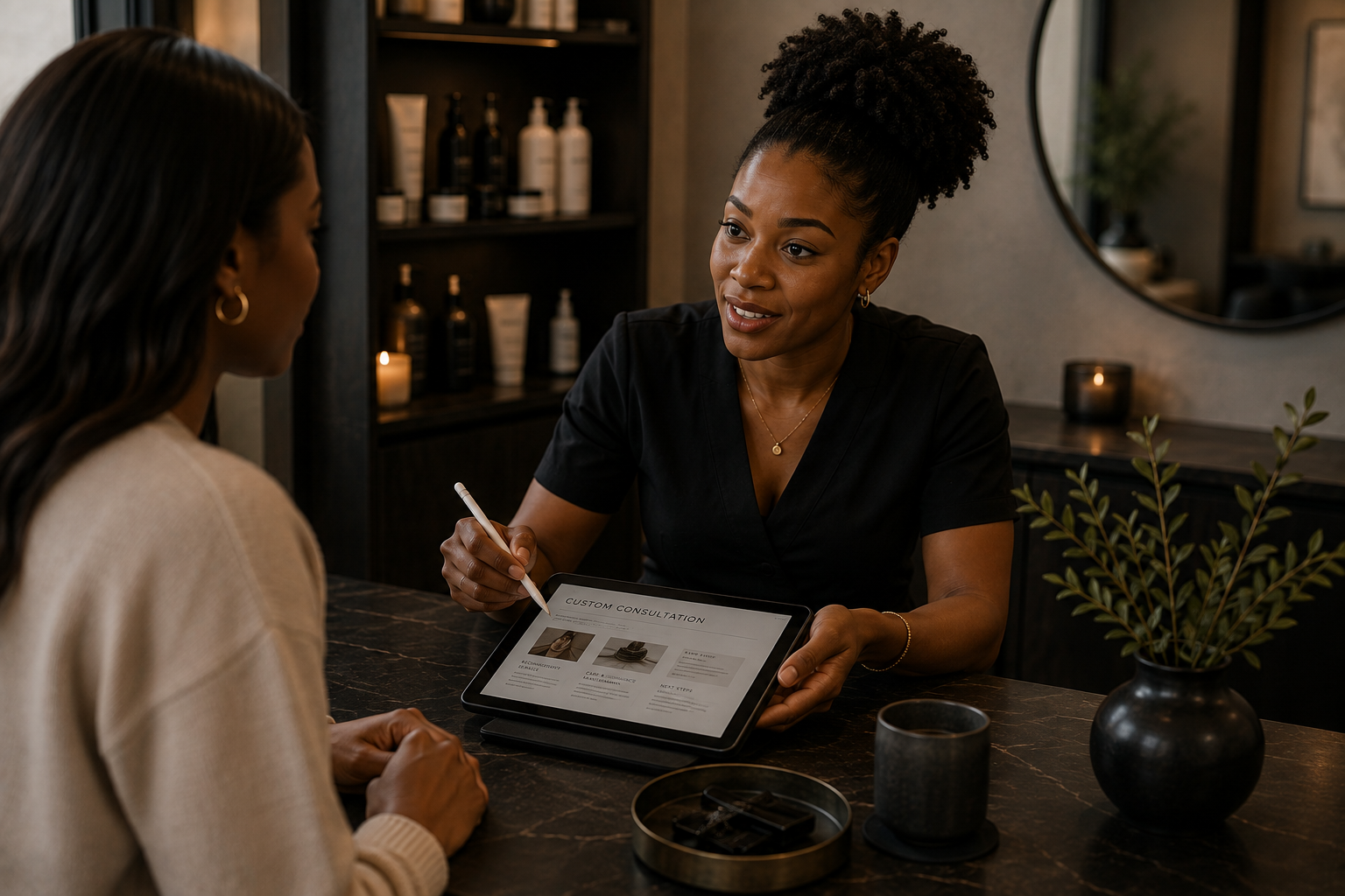A service professional listening to a client during a consultation while reviewing information on a tablet.