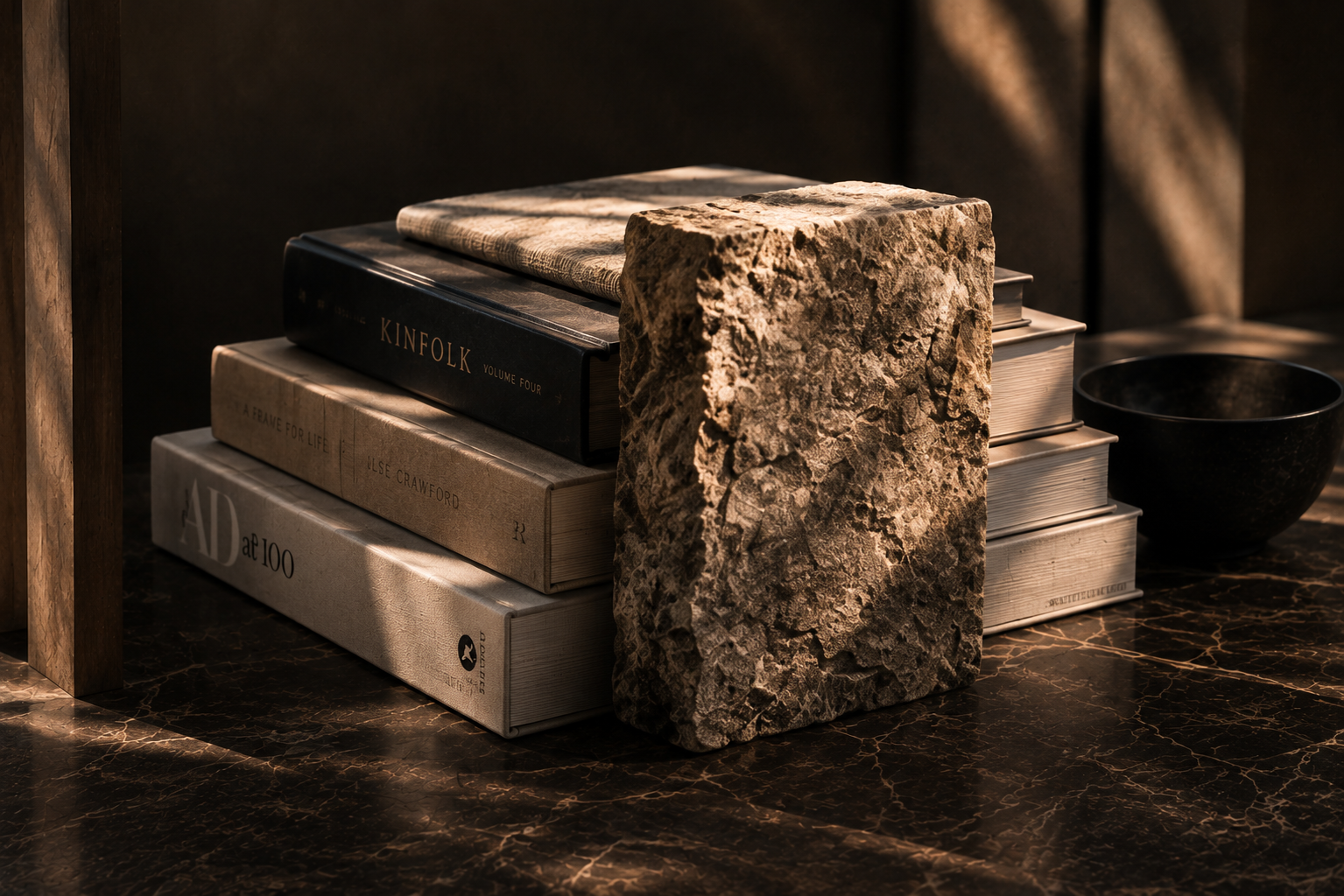 Editorial arrangement of books, textured stone, and a dark ceramic bowl on a marble surface.