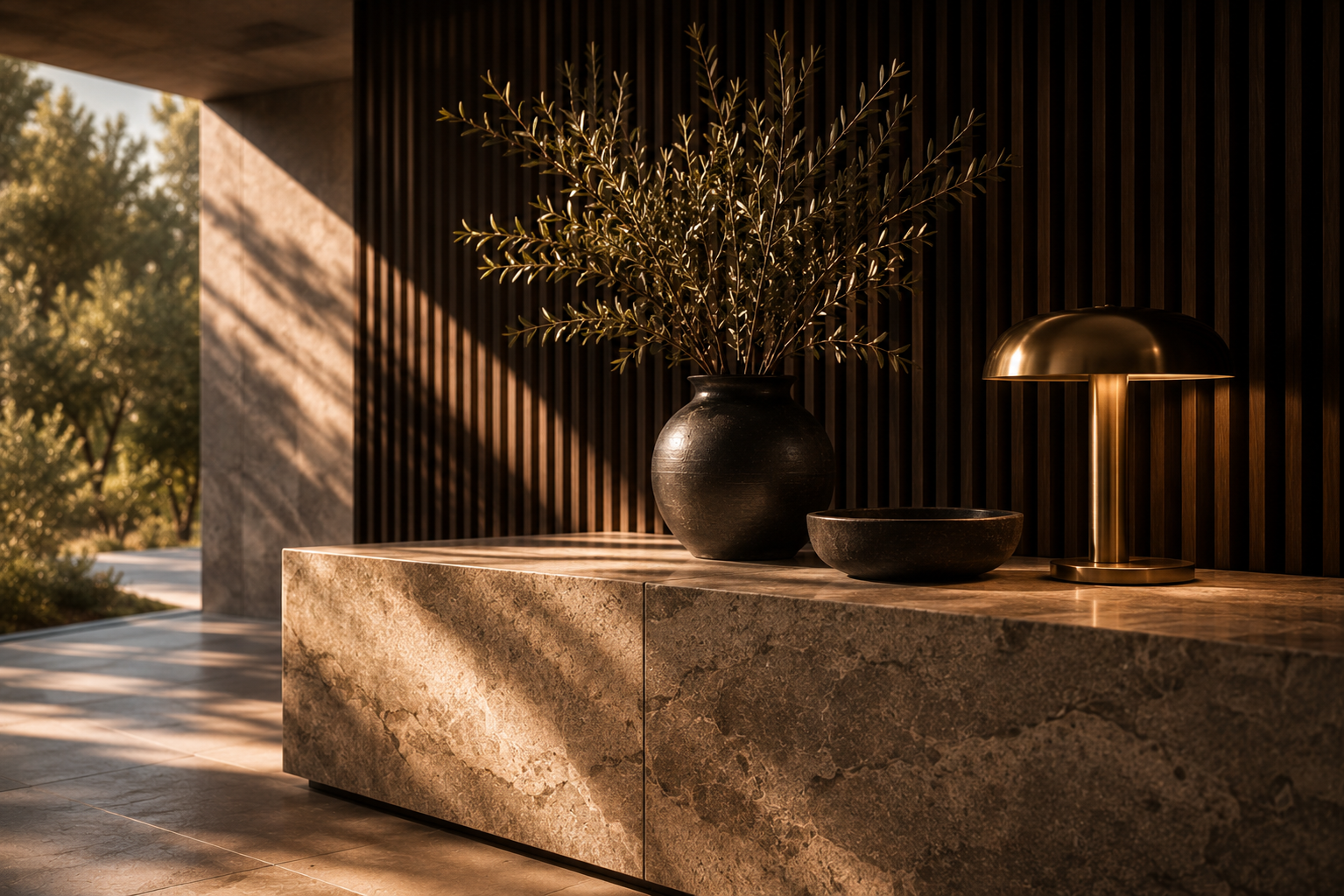 Open architectural lounge with soft neutral seating, a stone table, olive branches, and a distant landscape.