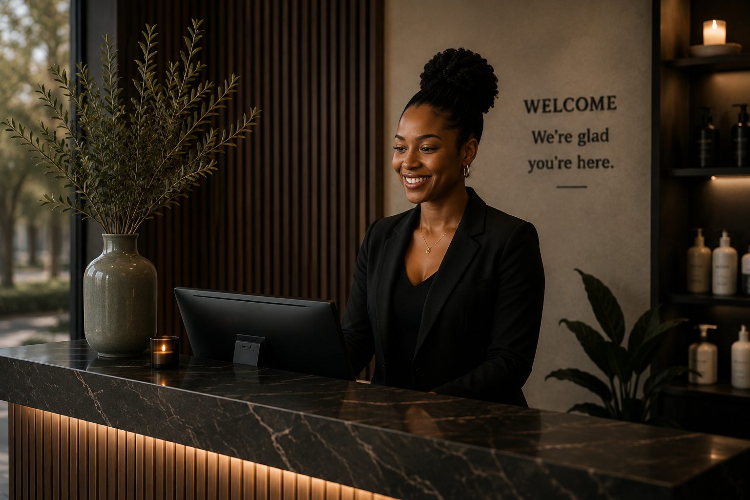 A service professional welcoming clients from a carefully prepared reception area.
