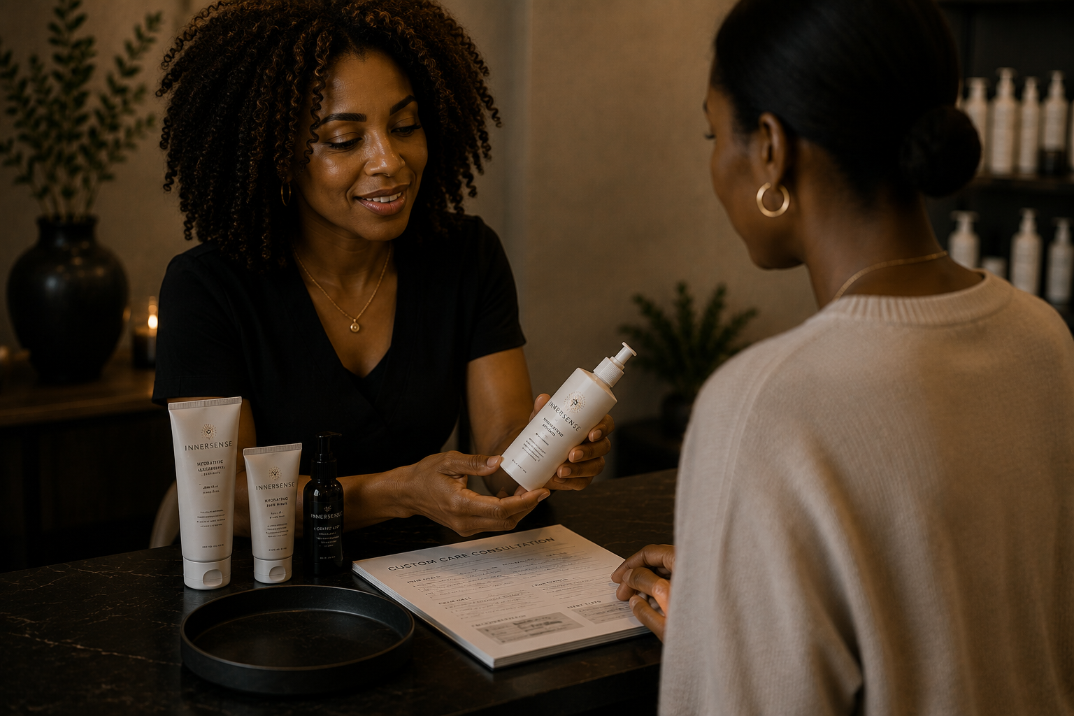 A service professional explaining recommended care products to a client during a personalized consultation.