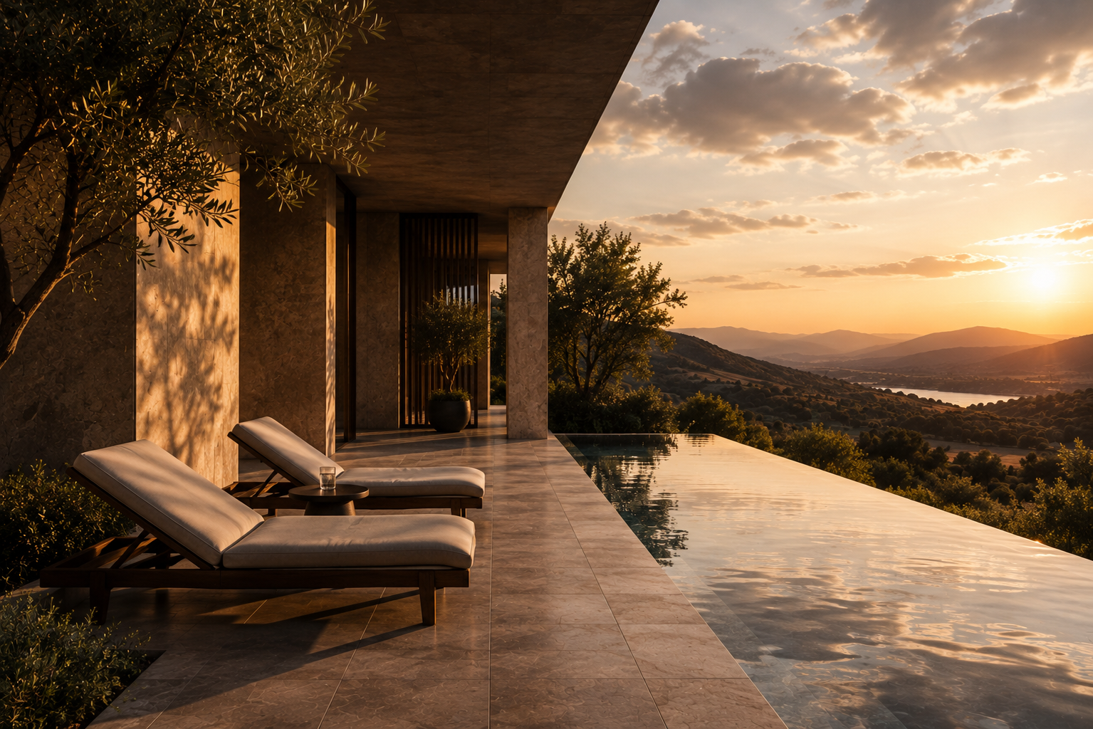 Cinematic modern coastal environment with stone architecture, warm natural light, and an expansive landscape.
