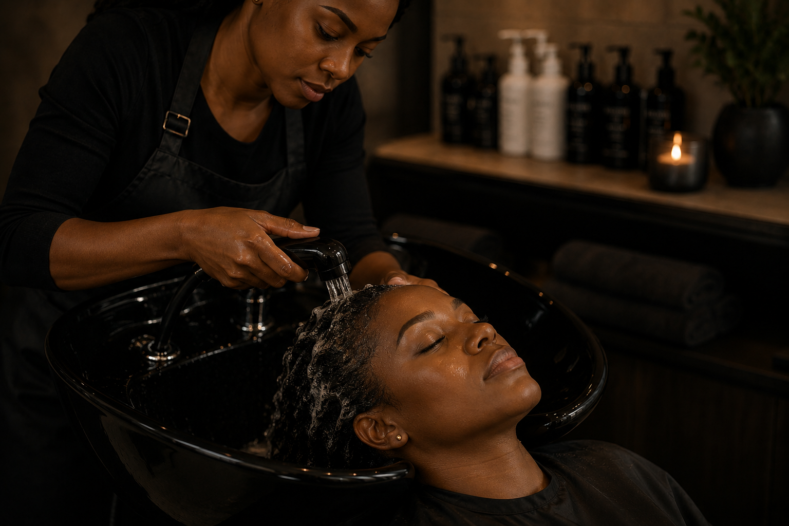 A beauty professional carefully performing a shampoo service for a client at a wash station.