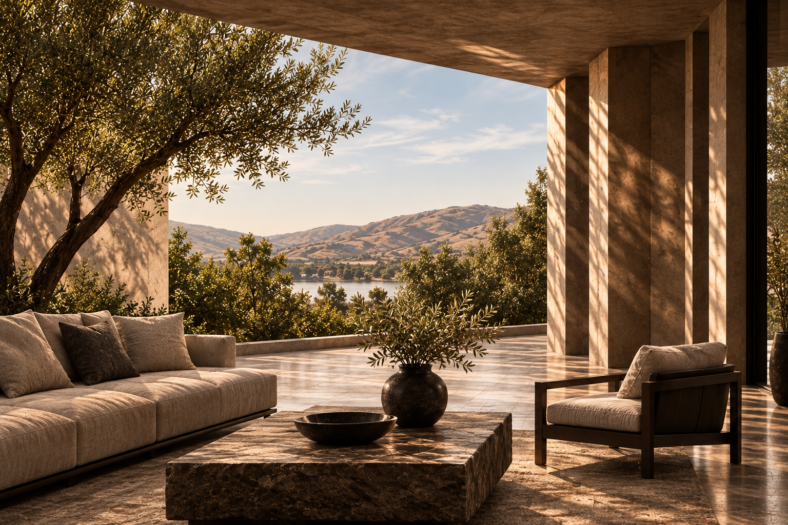 Architectural corridor opening toward a sunlit landscape with seating arranged along the passage.