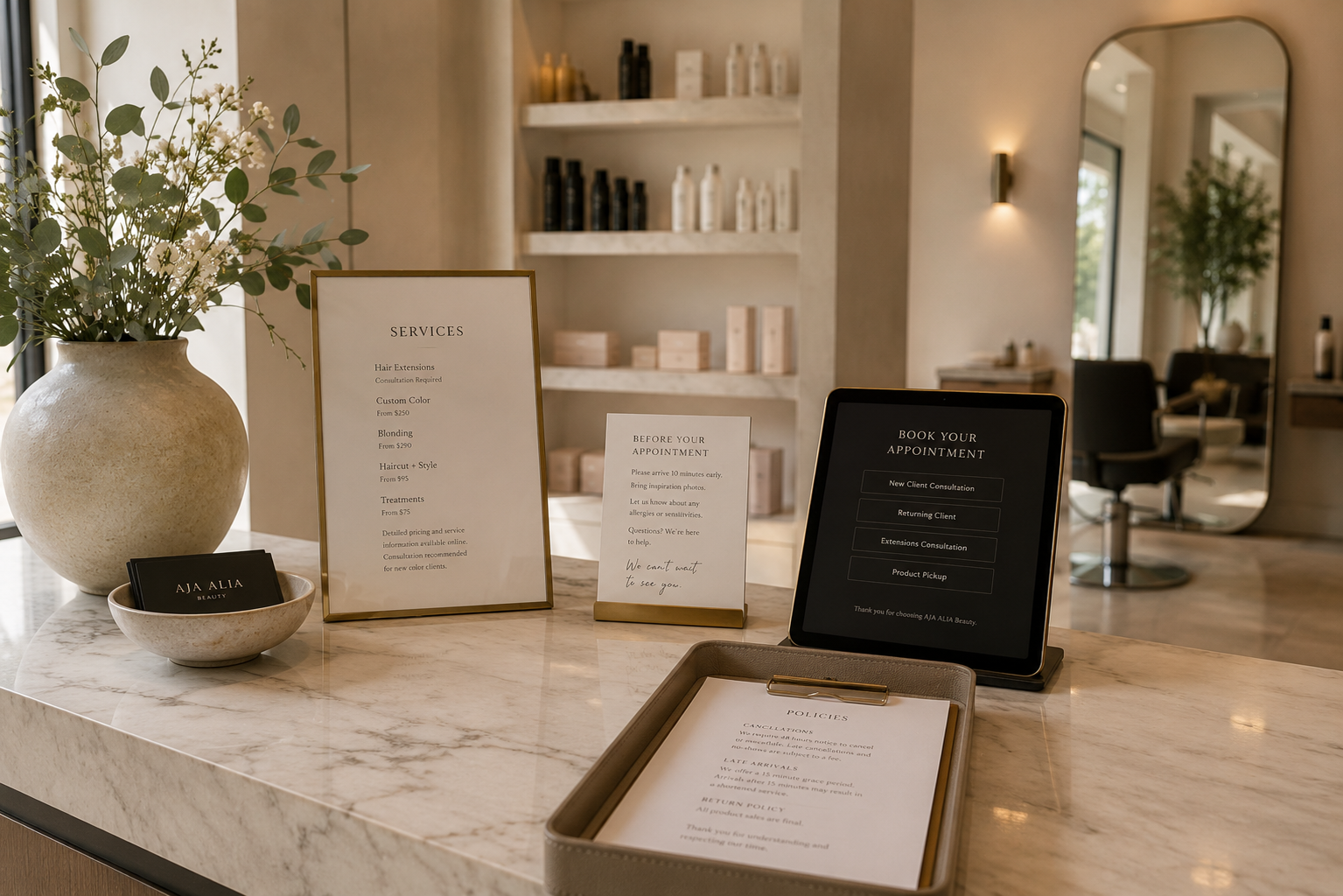Beauty business professional reviewing service information and client experience documentation within a refined salon environment.