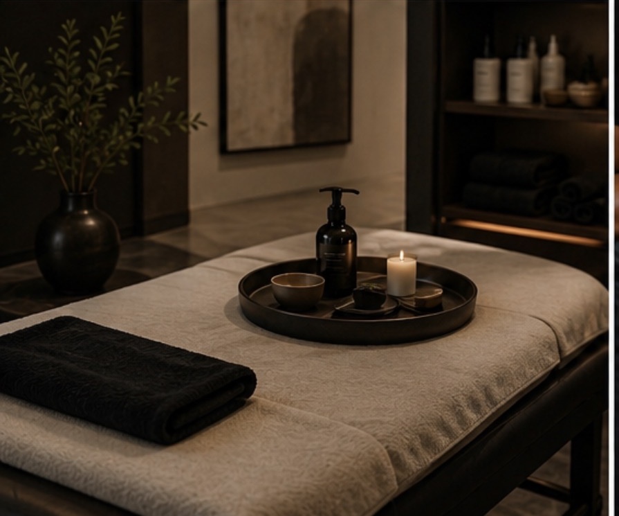 A quiet treatment room prepared before a client arrives, with fresh linens, folded towels, care products, and a candle.