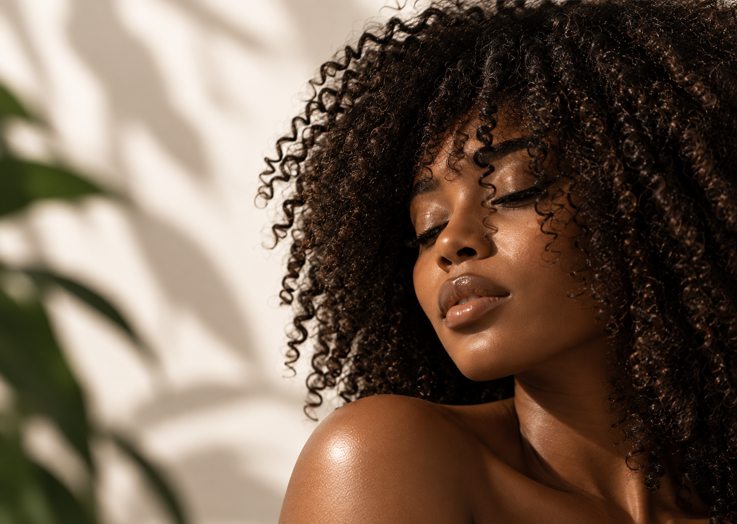 Woman with healthy natural curls in warm editorial light
