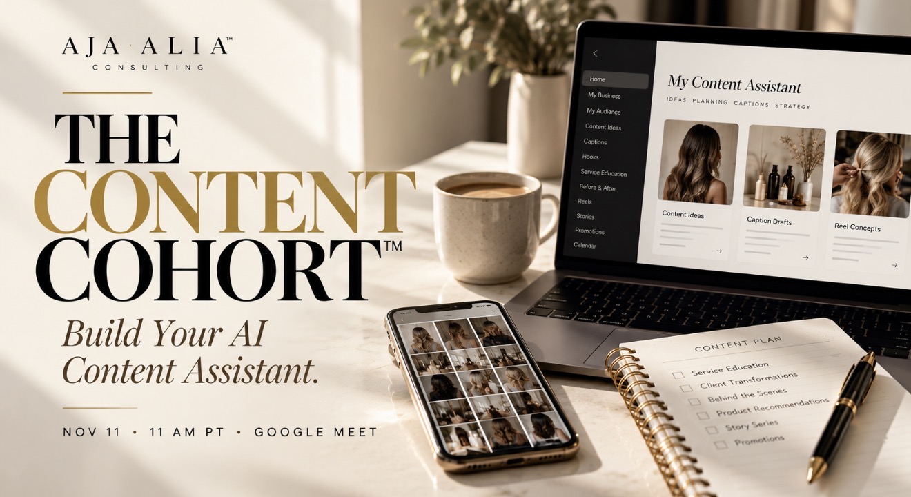 The Content Cohort featured image showing a warm editorial workspace with a laptop content assistant dashboard, phone camera roll, content plan notebook, and AJA ALIA Consulting campaign text.